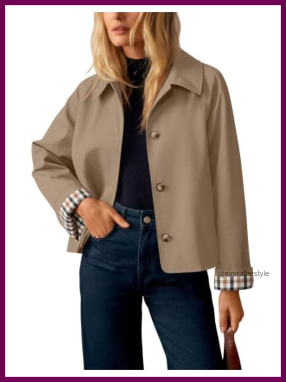 Cropped Plaid Trench Coat Button Front Fall Jacket Polyester